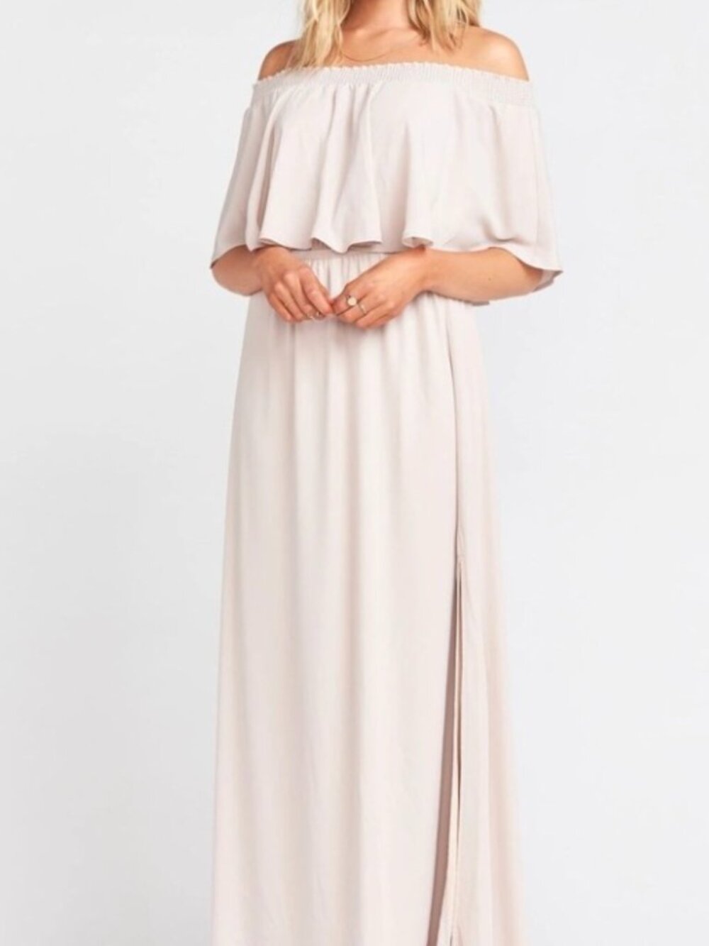 Show me your mumu  Elegant Taupe Maxi Dress with Capelet Overlay